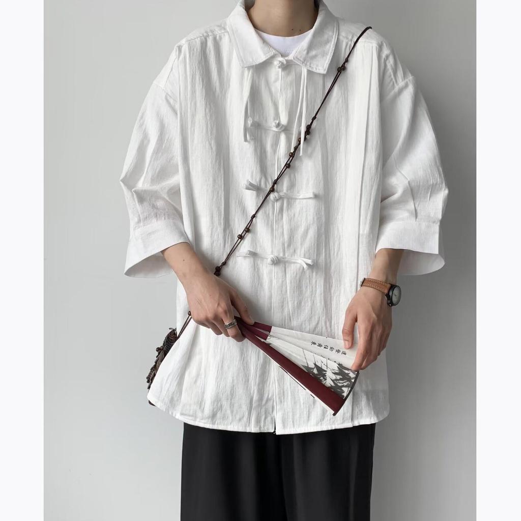 Kids' Summer Retro Tang Suit: Loose Short-Sleeve Cotton & Linen Shirt