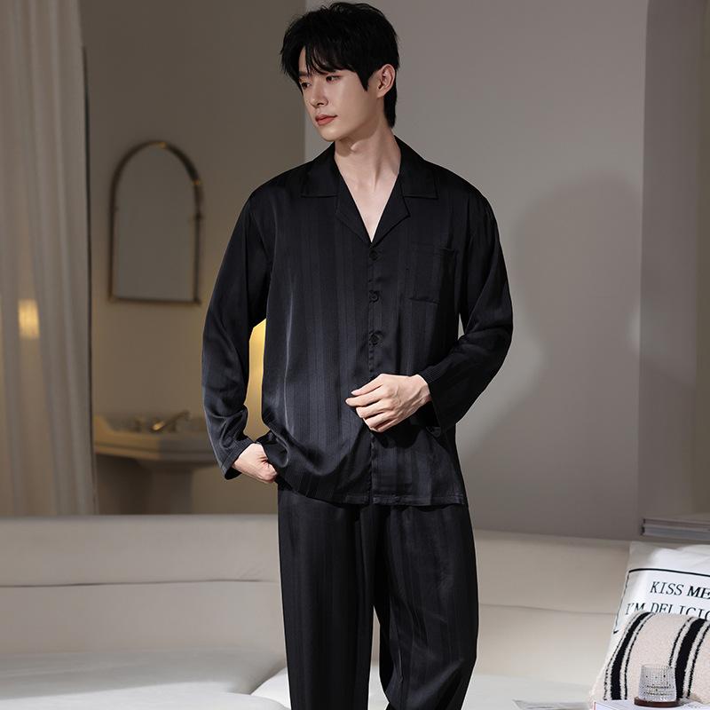 Ice Silk Pajamas Men'S Spring And Autumn Silk Summer Loungewear Long-Sleeved Men'S Striped Autumn Four-Season Large-Size Suit