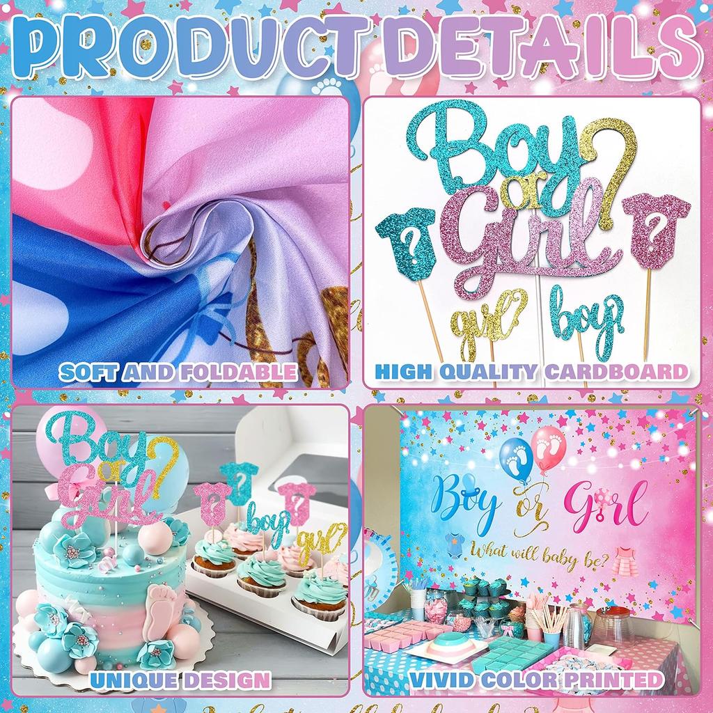 109Pcs Gender Reveal Decorations Boy or Girl Gender Reveal Party Supplies Including Balloons Tablecloths Backdrop Cake Toppers Fringe Curtains Tissue
