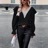 Women's Casual Loose Blouse Autumn Commuter V Neck Ruffles Long Sleeve Lace Shirt Top