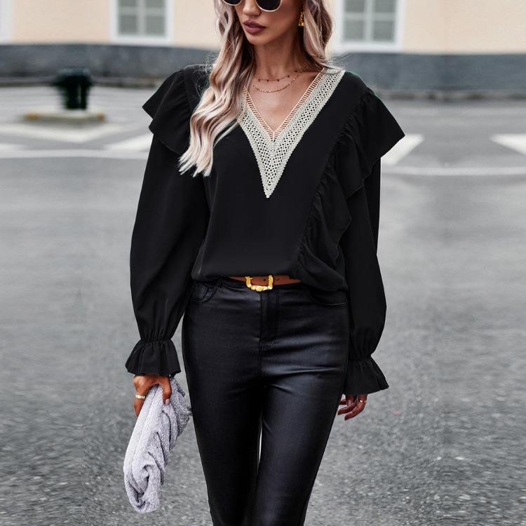 Women's Casual Loose Blouse Autumn Commuter V Neck Ruffles Long Sleeve Lace Shirt Top
