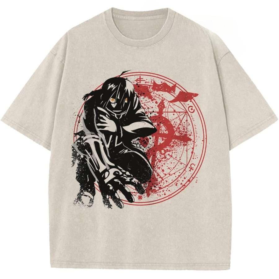 

Edward Elric Print T-shirt Anime Fullmetal Alchemist Clothing Men Women Cotton Tshirts Retro Washed T Shirt Harajuku Male Tops S бежевый