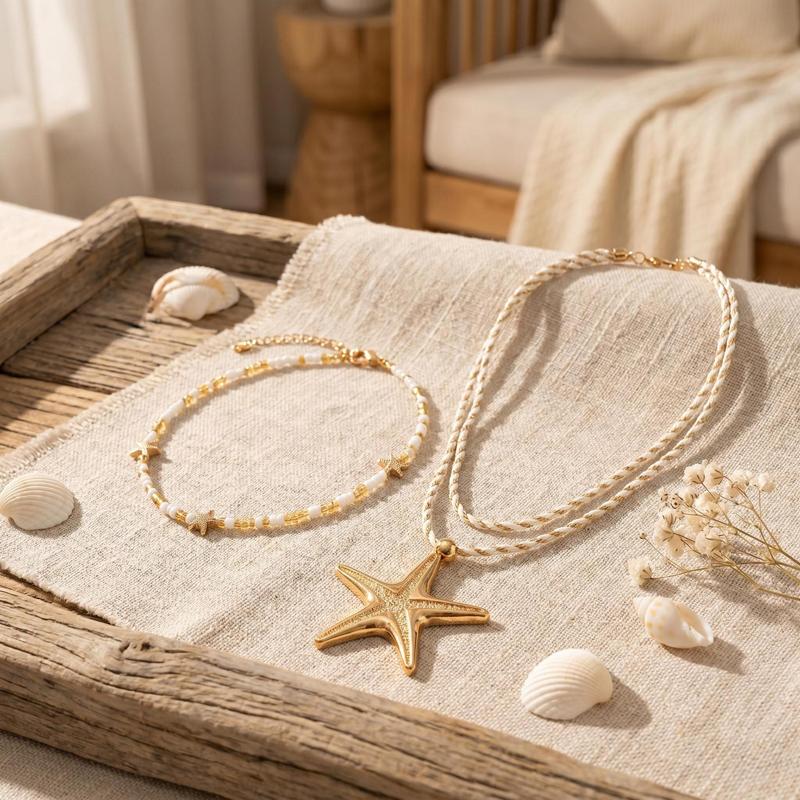 Bohemian Large Star Long Necklace for Women Y2K Starry Beaded Double Layered Clavicle Chain Fashion Seaside Vacation Jewelry
