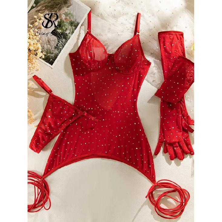SINGREINY Polka Dot Print Underwear 3pcs Suits Fashion Strap Backless Club Shiny Sexy Suits Erotic Mesh Sheer Lingerie Sets