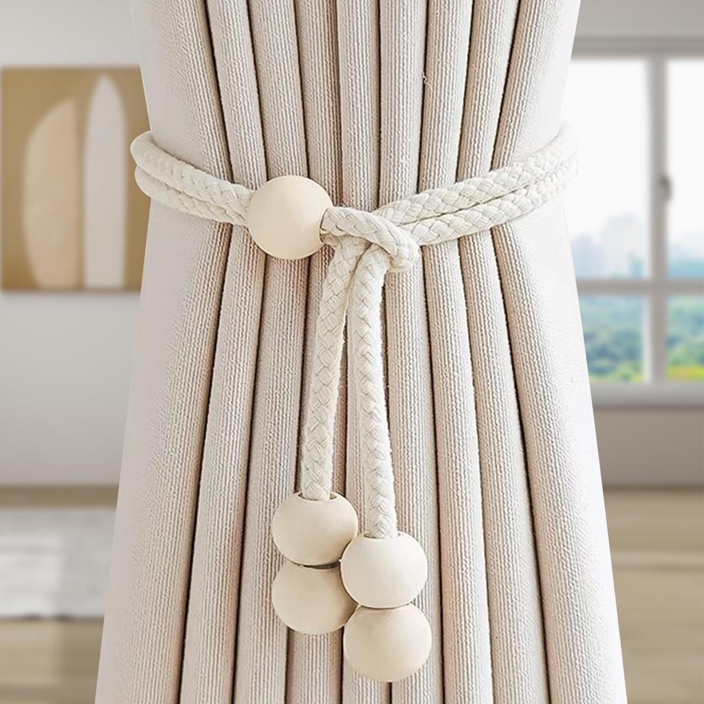 2pcs Hand-woven Solid Wood Magnetic Knot Curtain Tiebacks with Boho Style, Suitable for Living Room and Bedroom Home Decoration.