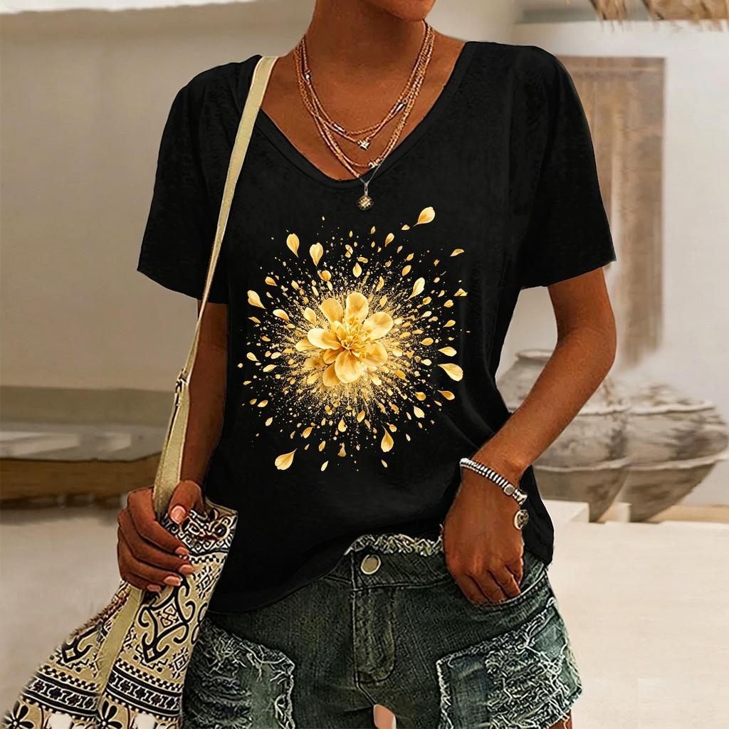 Women's Sunflower Print V-Neck T-Shirt, Casual Short Sleeve Tops,Bright Floral Daily Wear for Spring & Summer