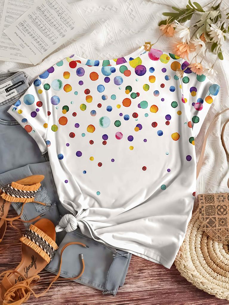 Women's Bright Polka Dot Watercolor Print T-Shirt - Casual 3D Embellished Top,