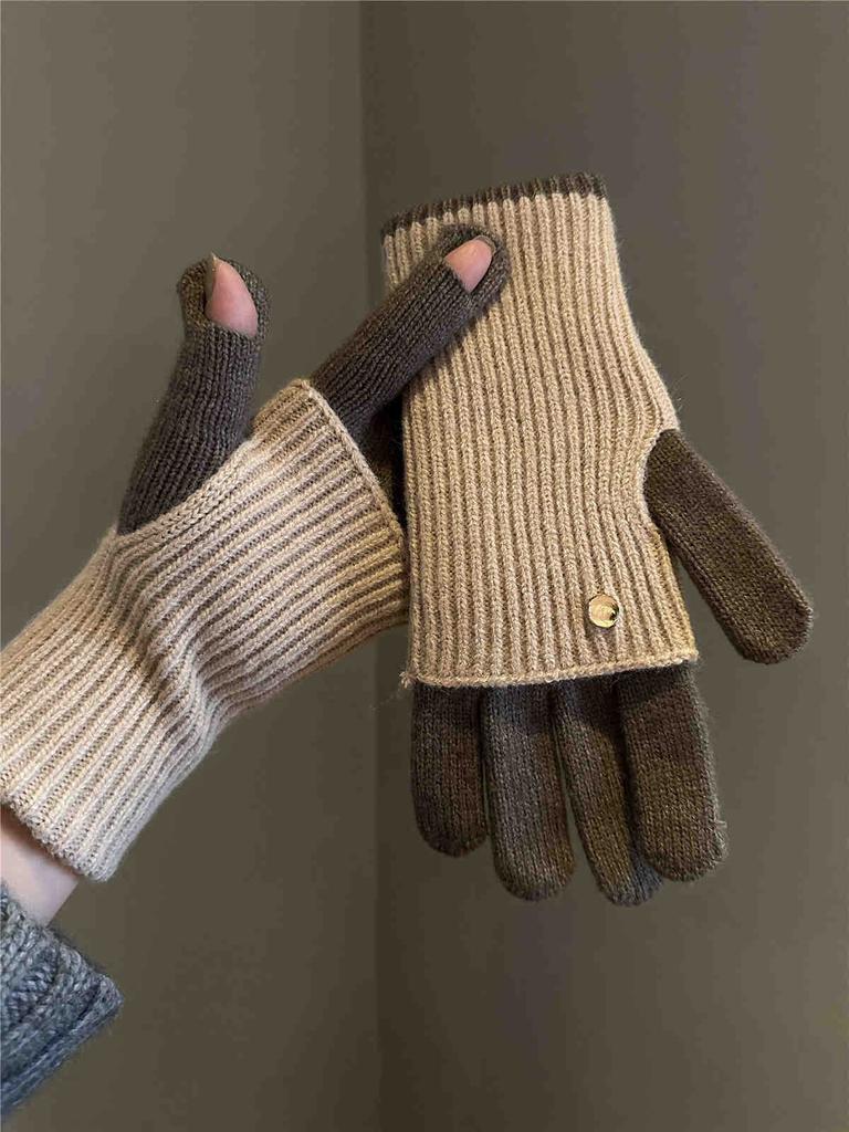 Maillard Wind Long Short Dual-purpose Color Matching Knitted Gloves Wool Can Be Played Mobile Phone Warm