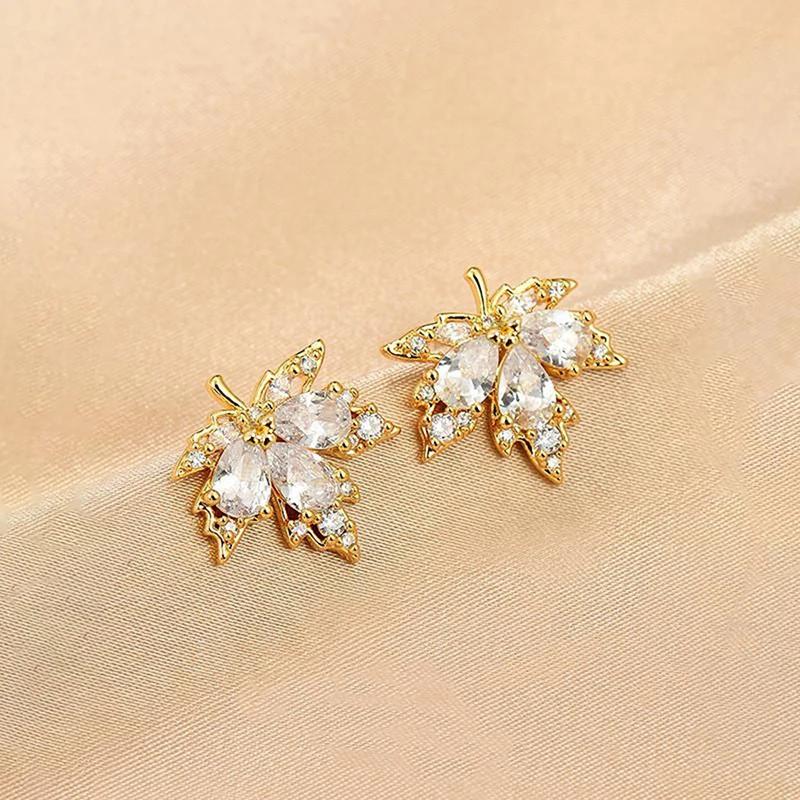 Huitan Elegant Gold Color Women Stud Earrings Maple Leaves Fresh Style Party Trendy Wedding Accessories Inlaid Shiny CZ Zircon