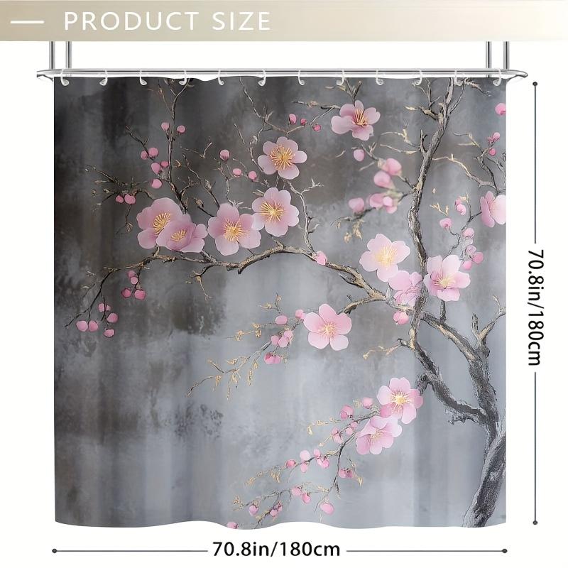 1pc High-Quality Plum Blossom Shower Curtain, Easy-Clean Polyester, Serene Floral Design, Modern Bathroom Decor, Includes Hooks