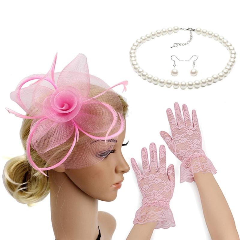 Elegant Women Fascinators Hats Flower Fascinator with Necklace Earring and Lace Short Gloves Party Headwear for Women