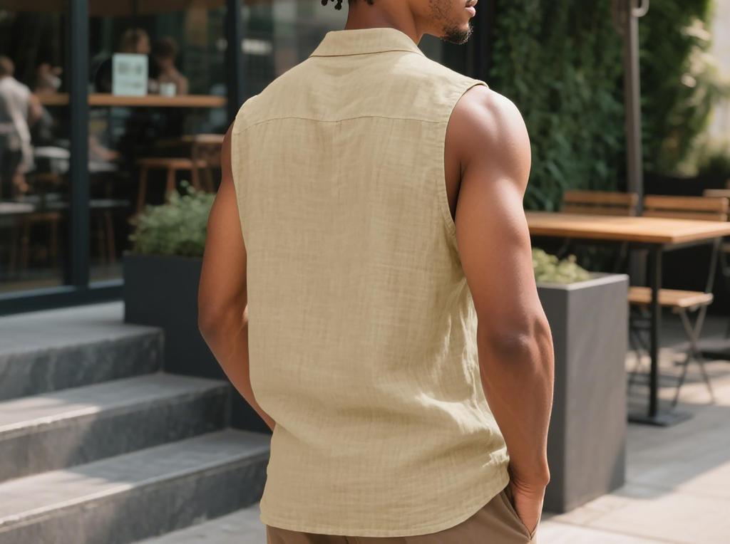 Camicia da uomo casual europea senza maniche in lino con bavero