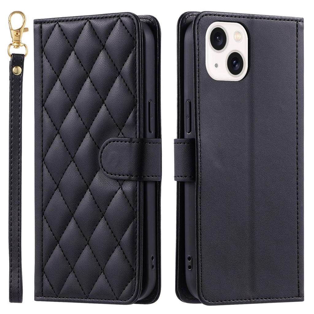 For iPhone 14 Leather Case Rhombus Grid Pattern Phone Wallet Cover