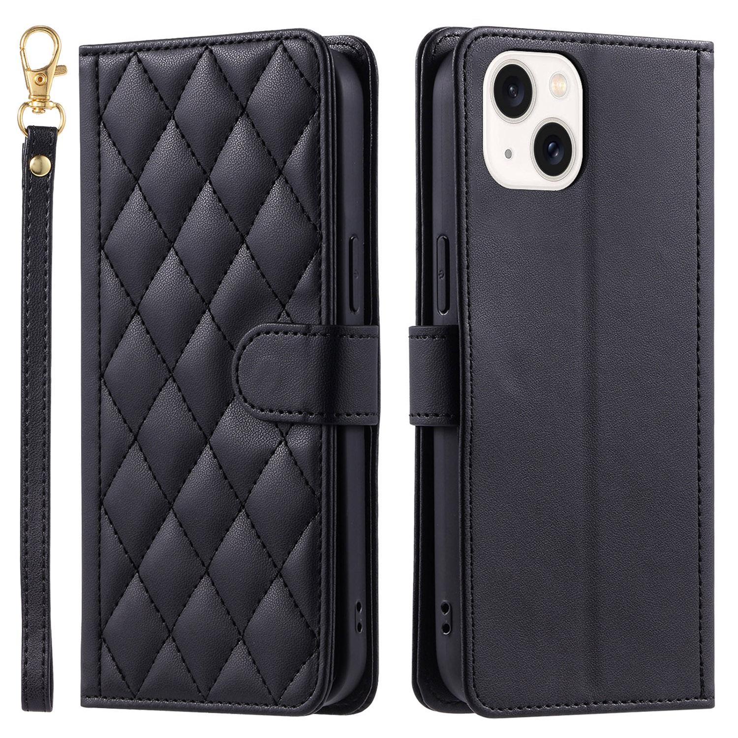 For iPhone 15 Leather Case Rhombus Grid Stand Flip Wallet Phone Cover A