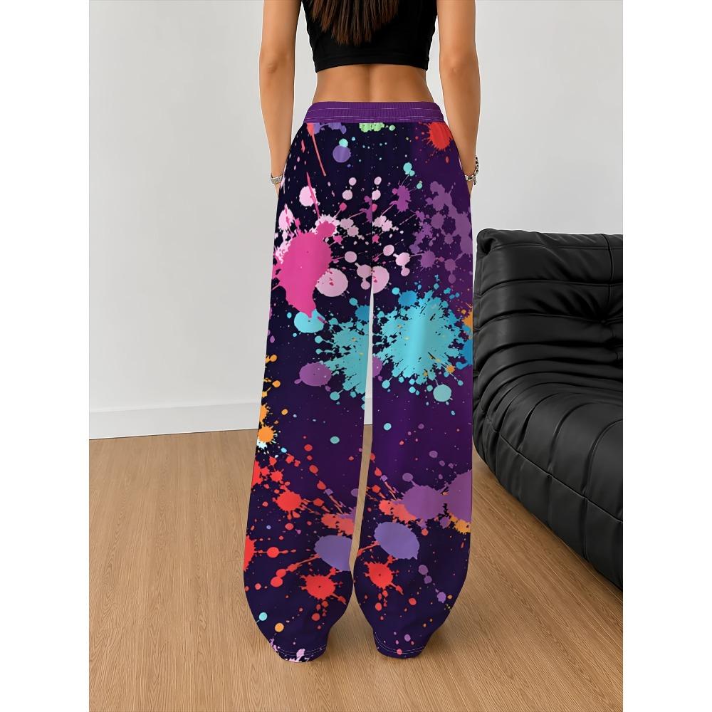 Women's Wide Leg Pants, Purple Bottom and Multi-Colour Inkjet Print - Lightweight Breathable Straight Pants, Drawstring Waist