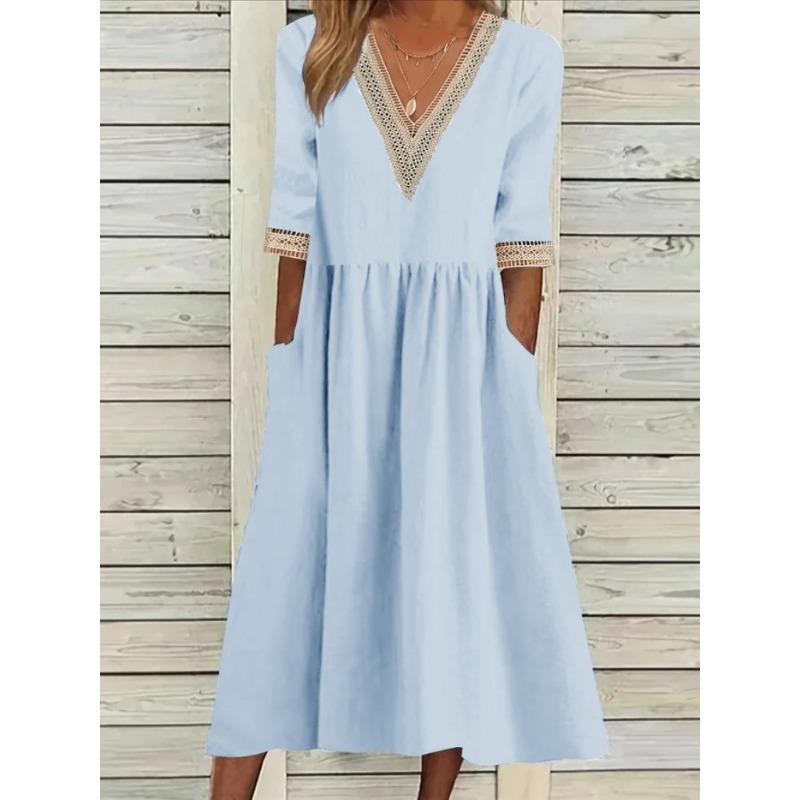 Mote V-hals Stor Størrelse Kort Erm Sommerkjole Kvinner Elegant Løs Kontor Casual A-linje Selskapsblonderkjoler Ensfarget Dame Plissert Hul Bekledning
