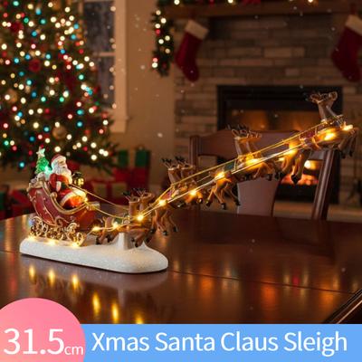 Christmas Santa Claus Sleigh with Reindeer Figurine LED Light Holiday Village House Ornament Xmas Home Tabletop Decoration Gift