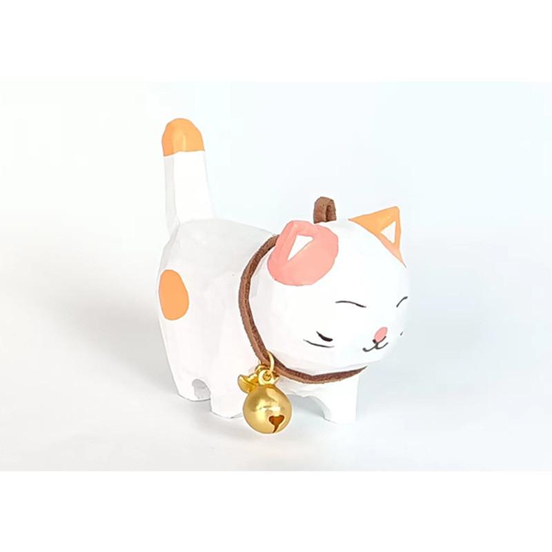 Wooden Handcrafted Carved Cat Figurine Cute Bell Desk Decor For Gifts And Home Office
