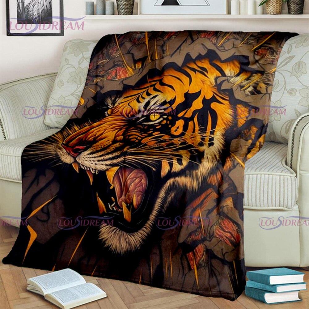 Übergroßer Flanell-Sofabettbezug mit brüllendem Tiger-Motiv, bedruckt, weiche und haarige Decke, warme Flanell-Überwurfdecken, Bürogeschenke