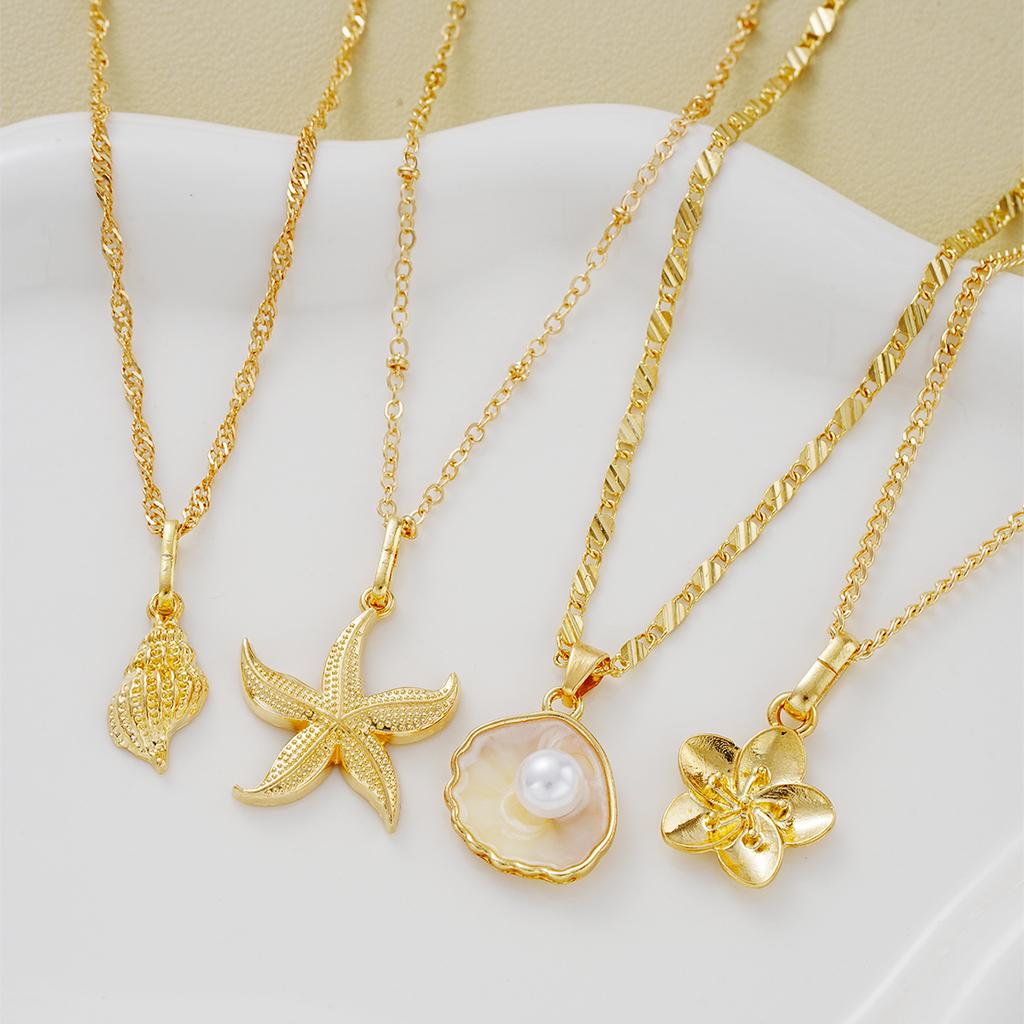 4Pcs/Set Shiny Shell Starfish Conch Flower Necklaces for Women Simple Imitation Pearl Gold Color Pendant Necklace Female Jewelry