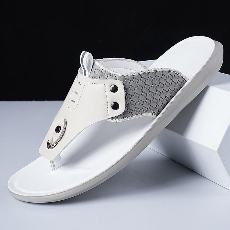 Men Flip Flops Flats Slippers Summer White Sandals Retro Black Leather Beach Shoes Plus Size