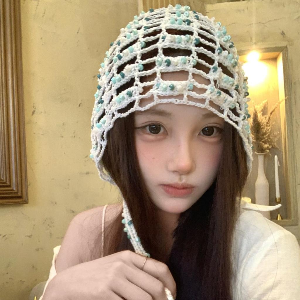 Niche design sense, handmade beaded bag head hat, female fringed hollow pullover hat, travel photo, ethnic style hat
