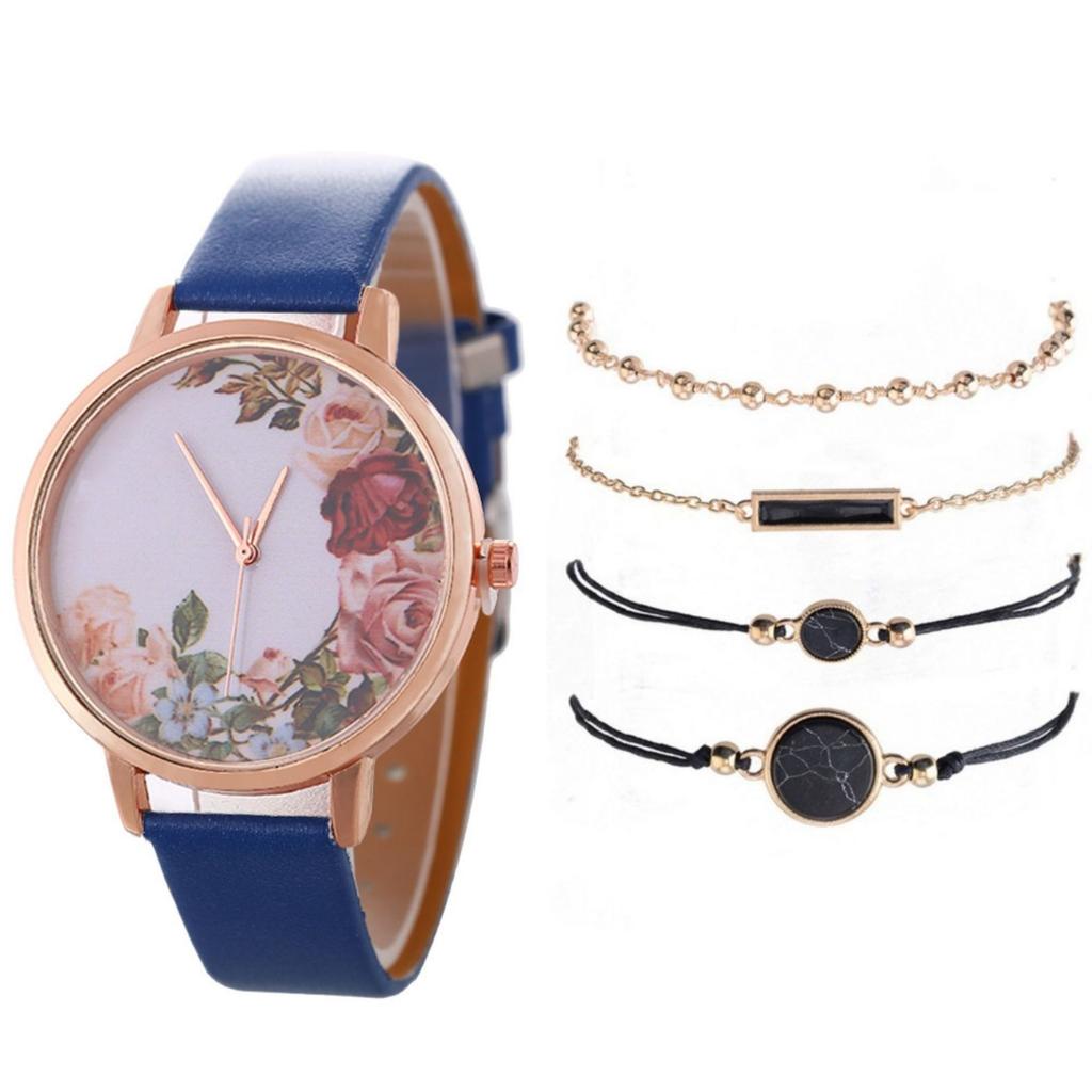 Stylish And Simple Rose Face Leather Belt Watch Female Pu Belt Quartz Lady Watch Watch Bracelet Set Female