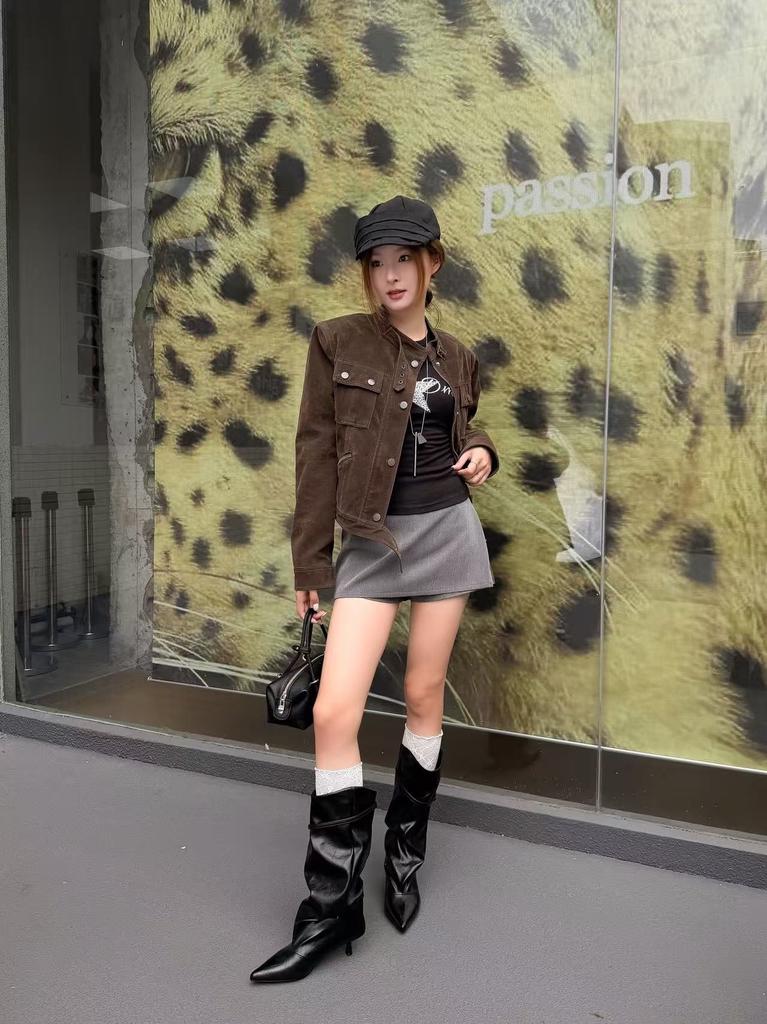 New pointed pile boots belt buckle slim mid-heel boots