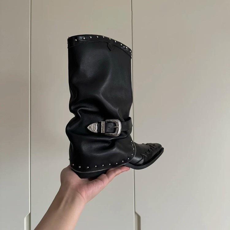 Flame Pattern Design Knight Boots 2025 Pointed Thick Heel Martin Boots Rivet Chain Design Stacking Boots