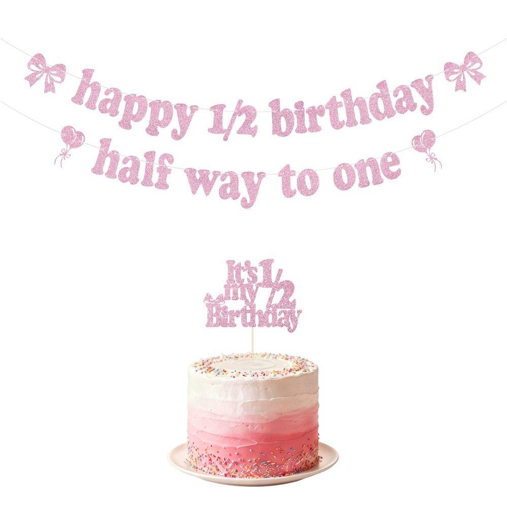 3pcs Pink 1/2 Birthday Cake Topper Giltter Paper Half Birthday Decorations  for Baby Birthday Party