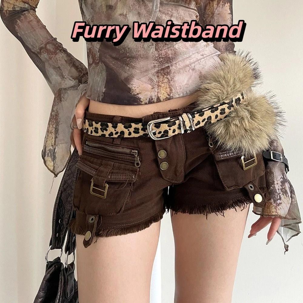 PU Leather Furry Waistband Faux Fur Plush Belt Vintage Y2K Waistband Daily