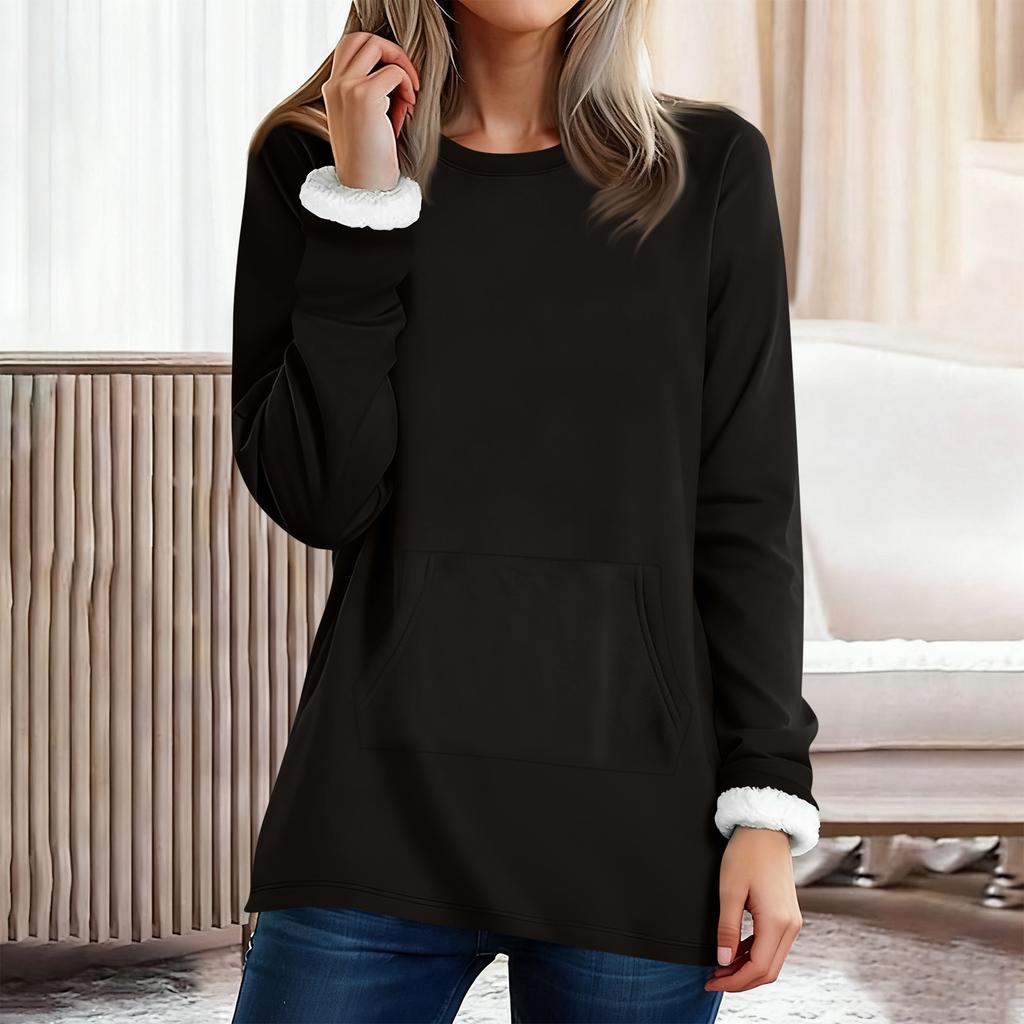 Madingas moteriškas vienspalvis apvalios apykaklės ilgomis rankovėmis pliušinis šiltas megztukas