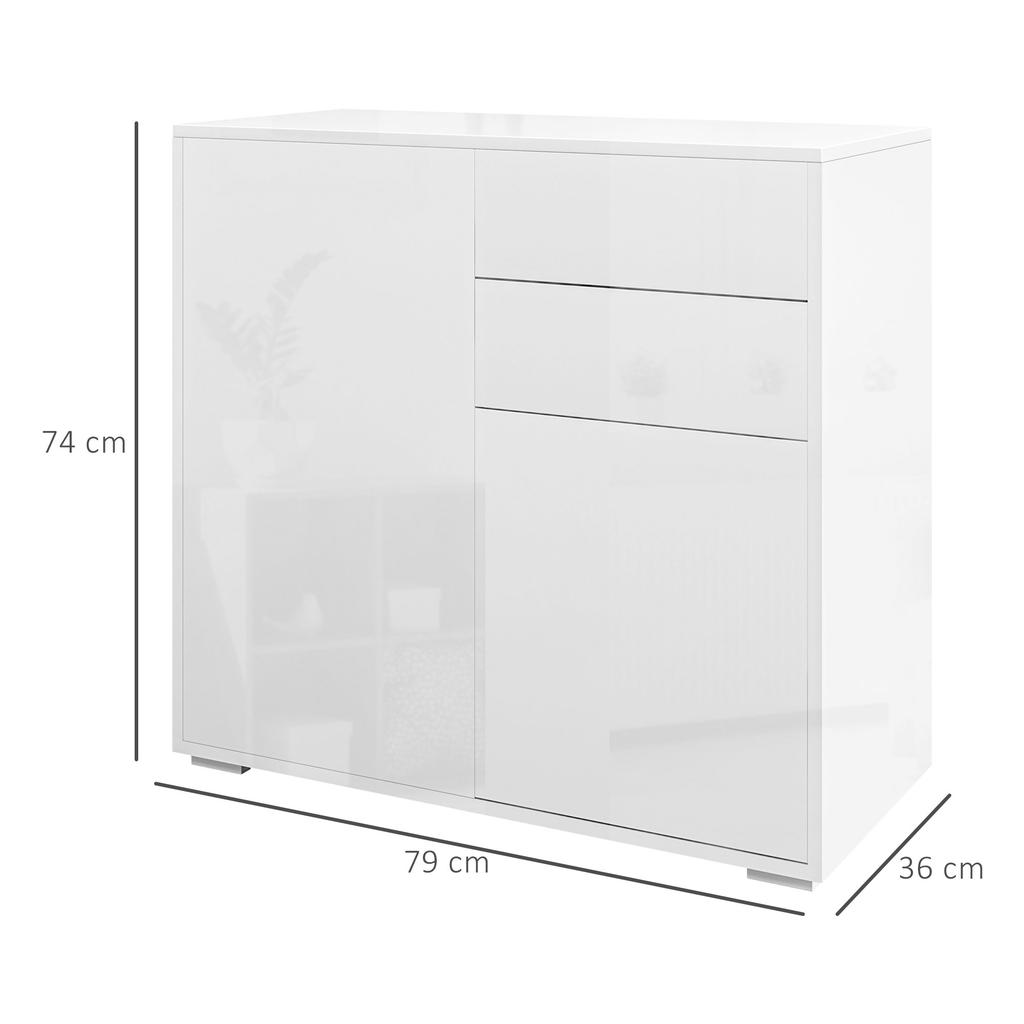 Commode Buffet Storage Cabinet 2 Drawers 2 Doors With Shelf 79 X 36 X 74 Cm Glossy White