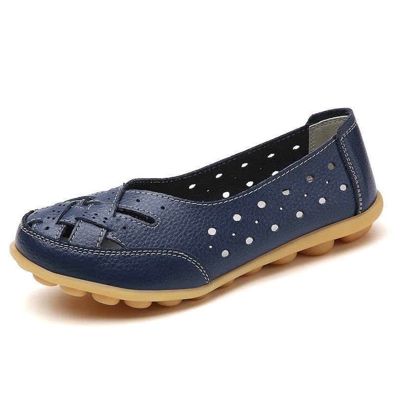 Women's Breathable Perforated Leather Flat Shoes Comfortable Massage Sole Casual Loafers for Daily Walking