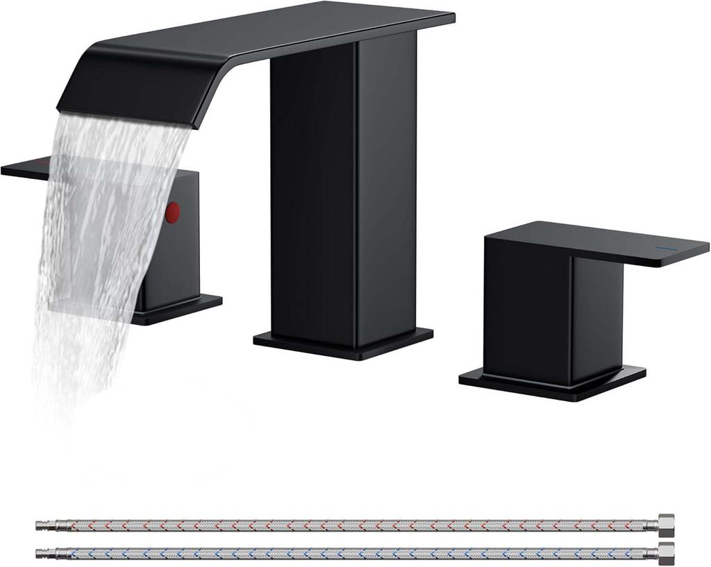 Bathroom Waterfall 3 Holes Basin Faucet, 2 Handles Cold Hot Water Mixers Sink Taps Black Chrome Brushed Gold