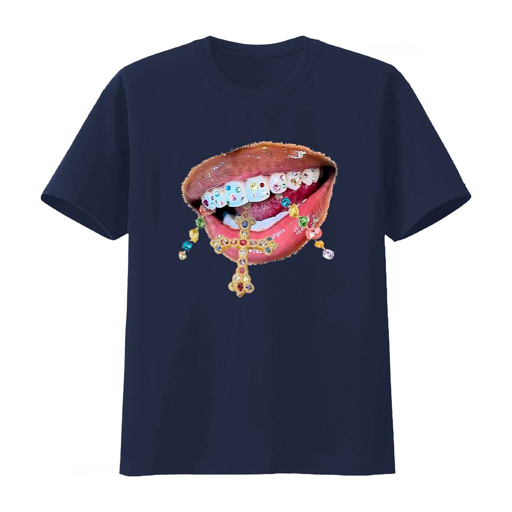 Glossy Jewelry Mouth Print T Shirt Streetwear Y2K Cotton Fashion Breathable Graphic Fashion Unisexs and Women 2026 Summer T Shirt