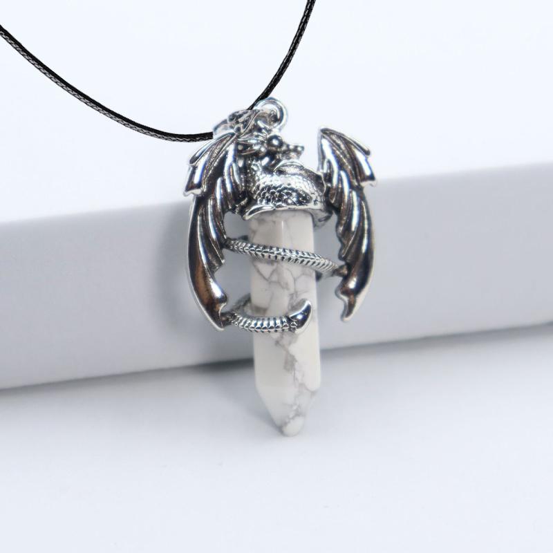 Animal Dragon Man Necklace Natural Gem Stone Healing Pink Quartz Hexagonal Crystal Pendant Vintage Jewelry for Women Gift