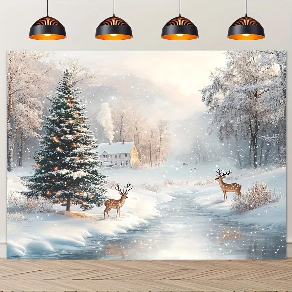 1 pack Christmas-themed background fabric featuring a scene of pine trees and elk made of durable polyester.ZL