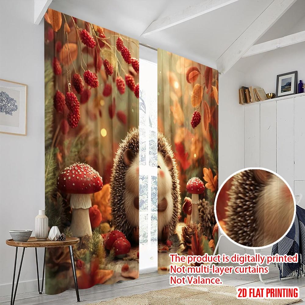 2pcs,2D Plane Printing Contemporary Curtains Happy Hedgehog Versatile Durable Polyester (without Rod) Holiday Perfect for Season