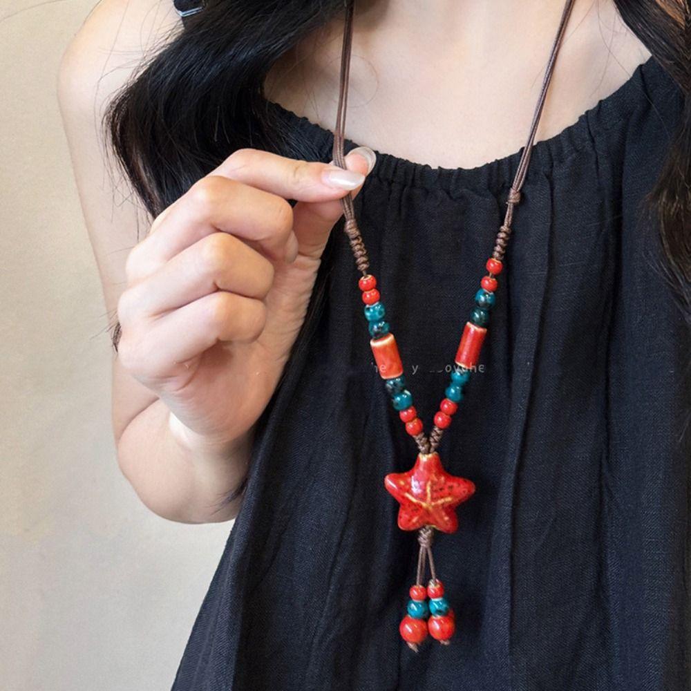 Colorful Beads Long Sweater Chain Ceramic Bohemian Style Necklace Ethnic Style Necklace  Women