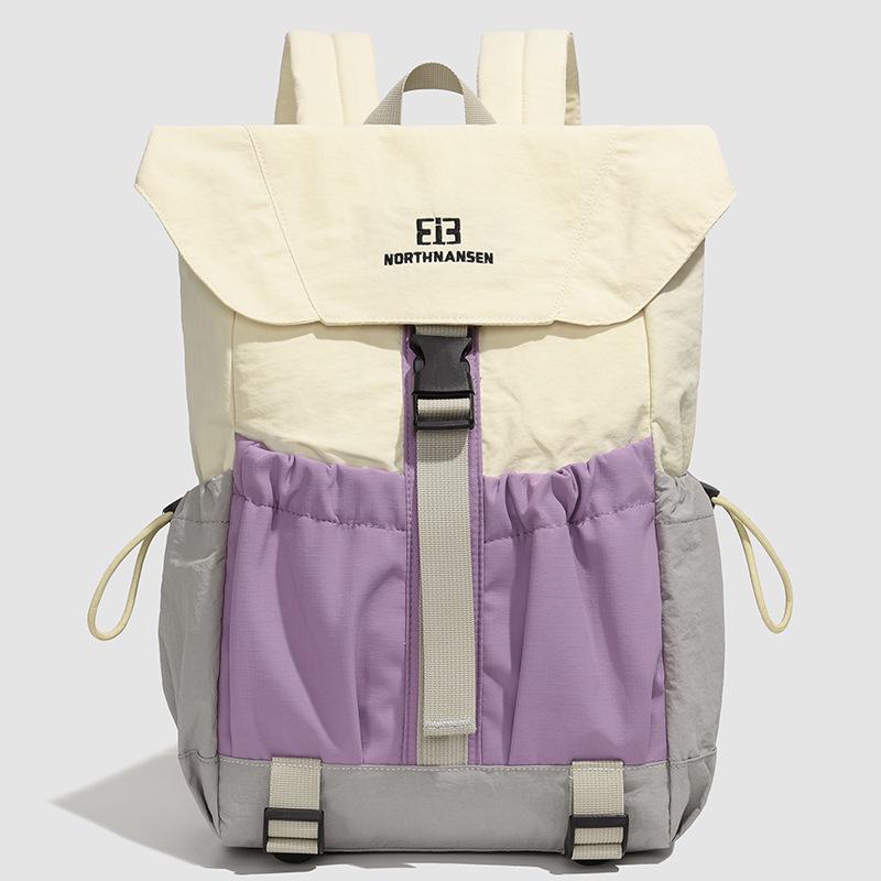 Autumn Fashion Color Block Nylon Backpack - Lightweight, Flap Style for Women, Casual Student Outing Bag