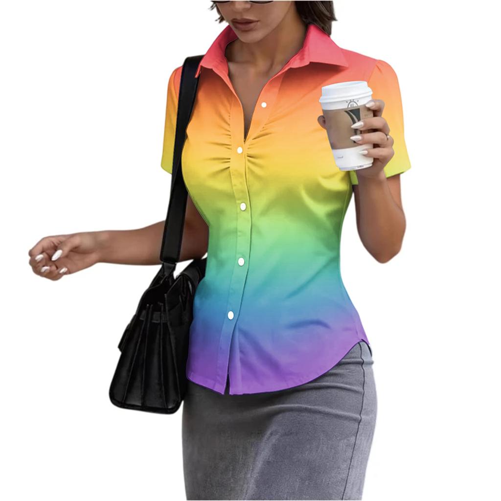 Women's Short Sleeve Button Down Shirt Slim Fit Collared Business Casual Office Blouse Tailored Top for Summer Workwear
