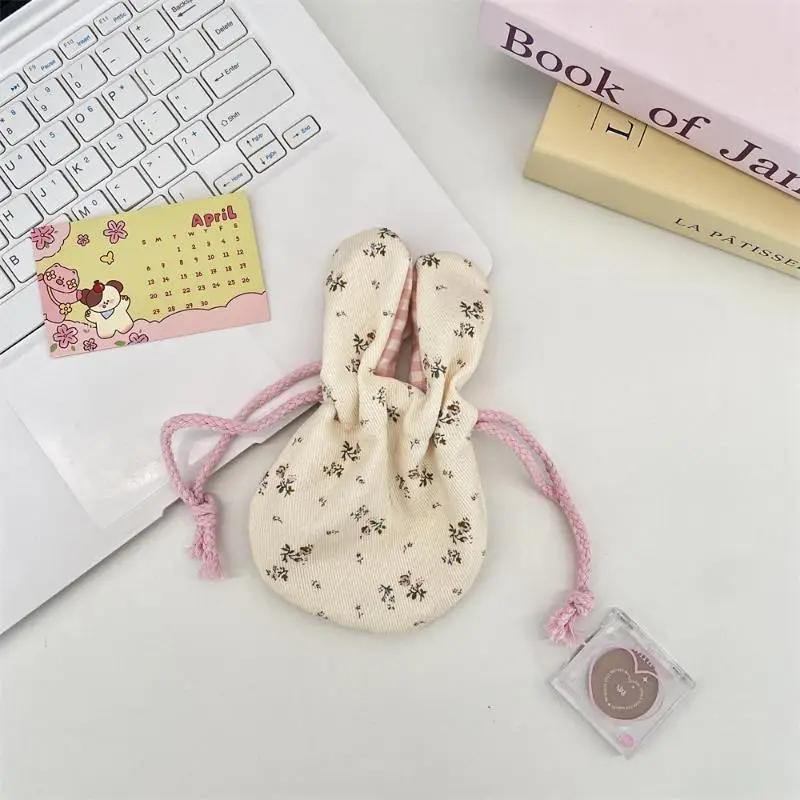 Cute Bunny Ear Flower Drawstring Storage Bag Outdoor Portable Cosmetics Lipstick Handbag For Outdoor Travel Storage Bag