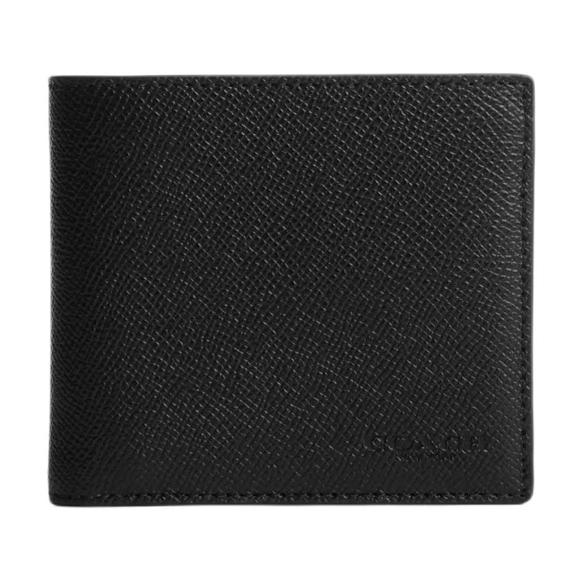Coach 11 Solid Color Minimalist Double Fold Cross Grain Leather Wallet Men wallet Black CU371-QBBK Black