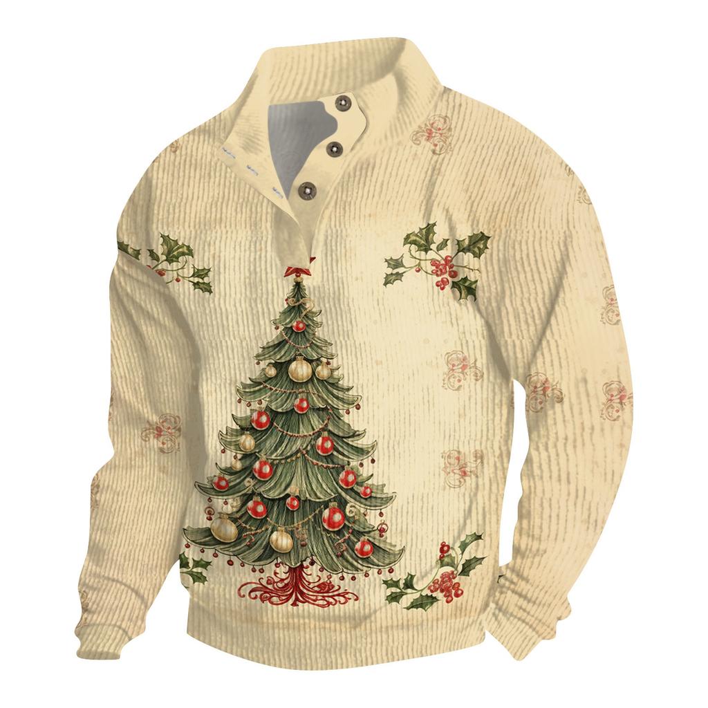 Men's Christmas Cotton Pullover Long Sleeve Outdoor Shirt Vintage Corduroy Button Stand Collar Shirt Casual Sweatshirt Christmas Print Top