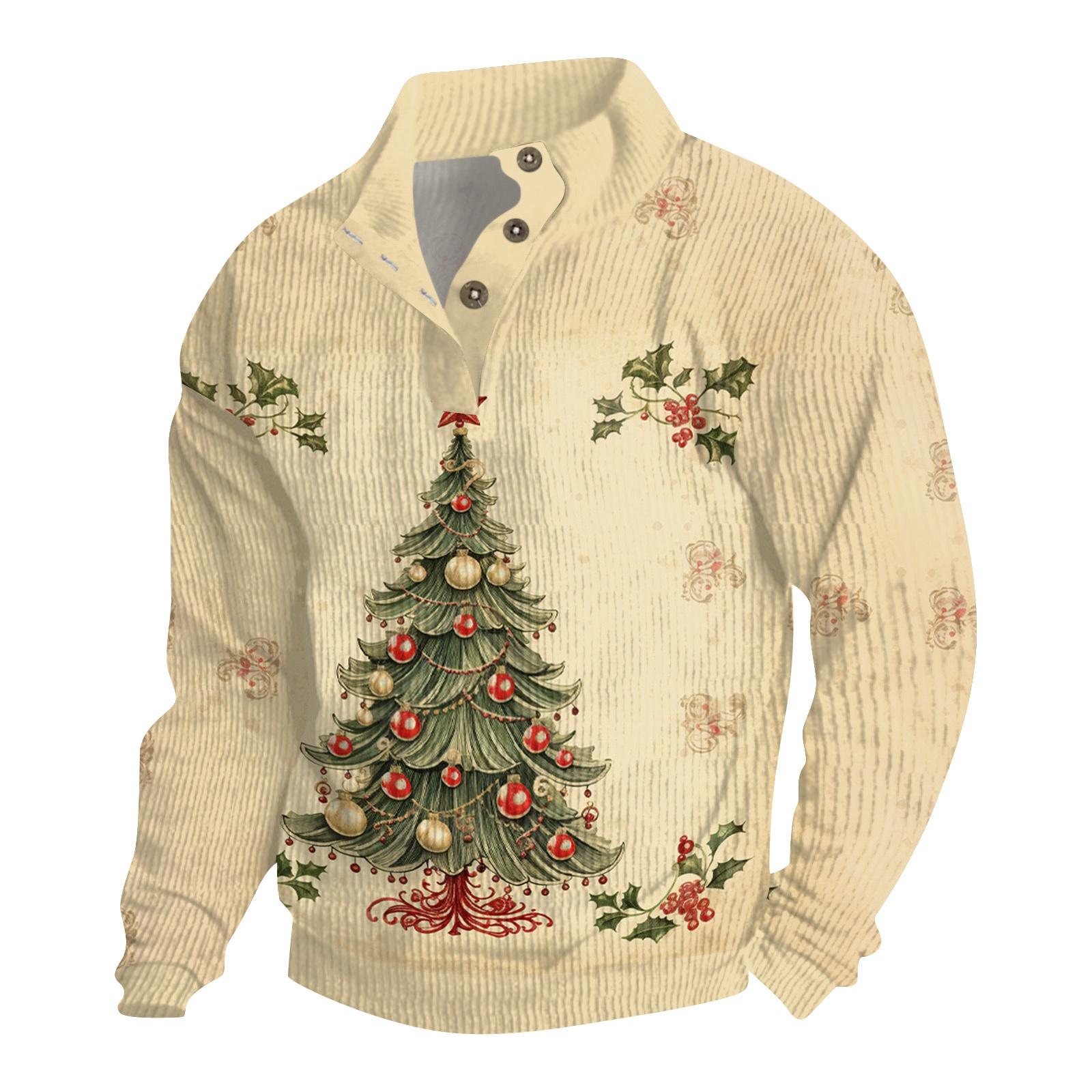 

Мужская рождественская хлопковая рубашка-пуловер с длинным рукавом для активного отдыха, винтажная вельветовая рубашка с воротником-стойкой и пуговицами, повседневная толстовка с рождественским принтом XXL