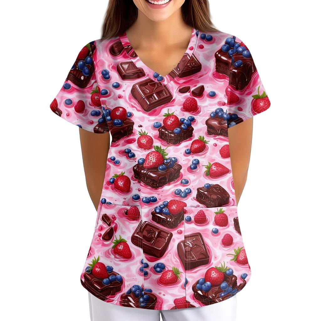 Women's Animal Print Loose V-Neck Pocket Short Sleeve  Uniform  Uniform