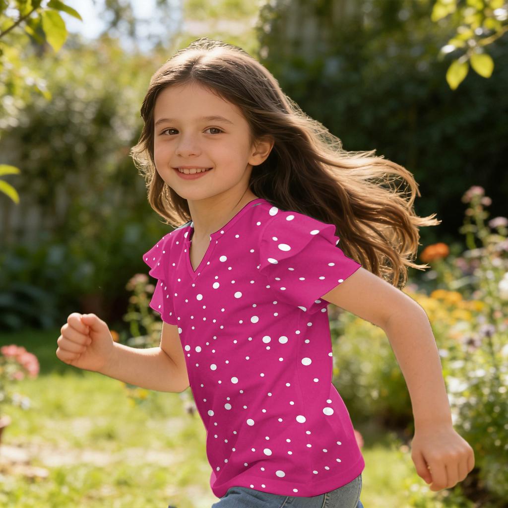 Girls V Neck Ruffle Sleeve Polka Dot Print Short Sleeve T Shirt Casual Blouse Lightweight Summer Top for Kids