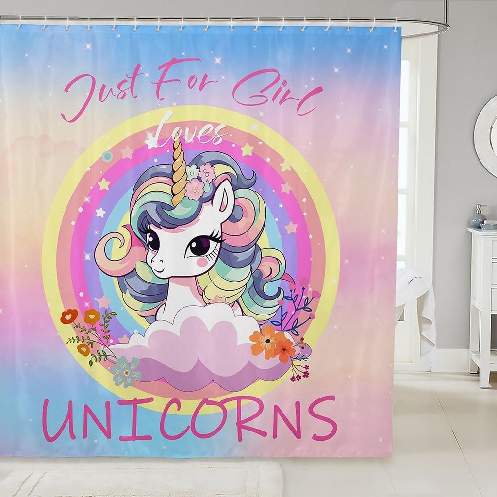 Sött Enhörning Duschdraperi Set Flickor Barn Pojkar Lila Enhörning Badrumsgardiner Kawaii Rumsinredning, Regnbåge Vattentätt Badrum
