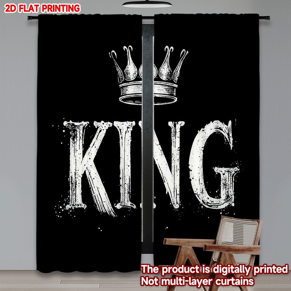 Set Of 2 Modern King Crown Black White Curtains Digital Printing Bold Letter Pattern Monarch Symbol Living Room Bedroom Curtain Polyester Perfect For